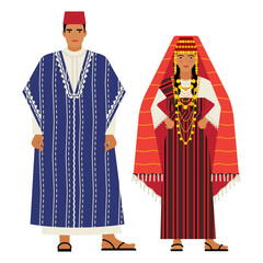 girl and young man in Tunisian folk costume isolated on a white background. couple of young people in the traditional national dress of Tunisia. flat drawing in cartoon style. stock vector EPS 10. - obrazy, fototapety, plakaty