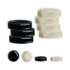 Watercolor stack of checkers illustration set isolated on white background. Intellectual board game for club flyers, brochures