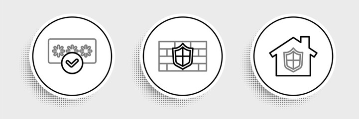 Set line House under protection, Password and Shield with brick wall icon. Vector