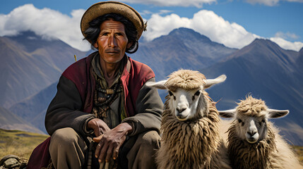 Peru Älterer Peruanischer  Mann im Gebirge mit seinen Schafen Generative AI