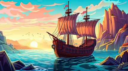 Abstract background Vikings. The golden age of exploration with a captivating background showcasing a historic ship of Vikings sailing the vast ocean. Generative AI. - obrazy, fototapety, plakaty