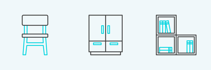 Set line Shelf with books, Chair and Wardrobe icon. Vector