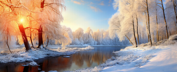 Beautiful snowy landscape at sunset - AI Generated