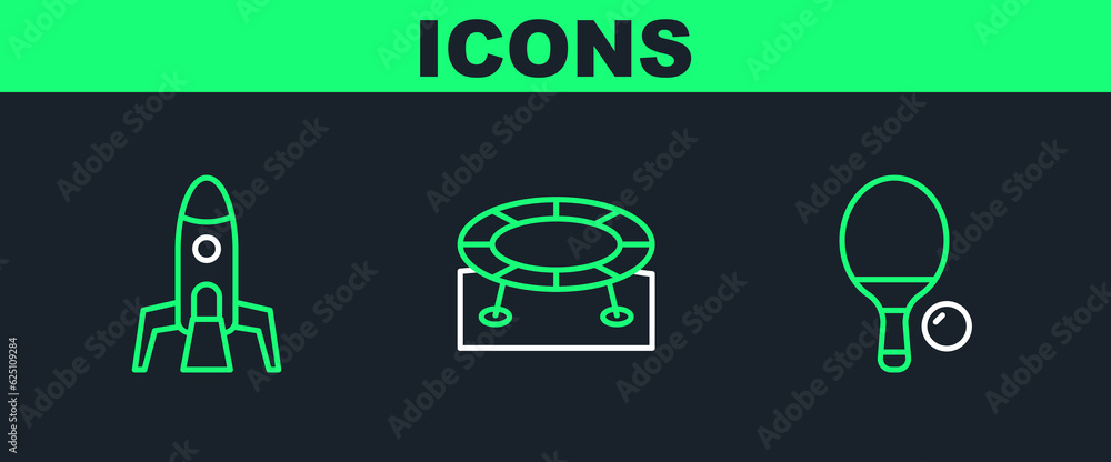 Poster set line racket and ball, rocket ship and jumping trampoline icon. vector