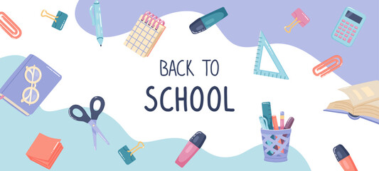 Back to school banner design. Office supplies and text Back to school. Flat graphic vector illustrations on blue background