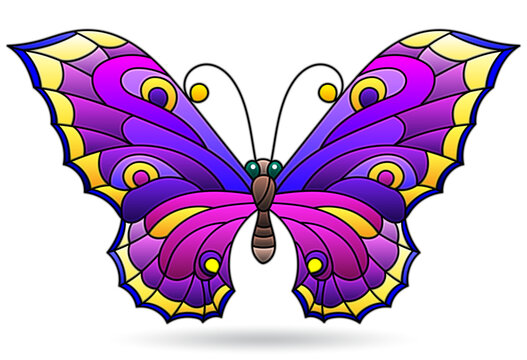 Illustration in the style of a stained glass window with a bright butterfly, an animal isolated on a white background