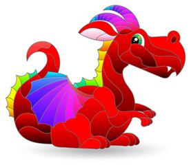 Stained glass illustrations with cute cartoon dragon, animal isolated on a white background