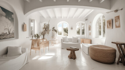 salon blanco de una casa tipica ibicenca con decoracion y muebles de materiales naturales. ilustracion de IA generativa