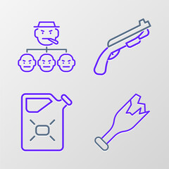 Set line Broken bottle as weapon, Canister fuel, Police shotgun and Mafia icon. Vector