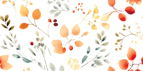 Floral abstract pattern with leaves and berries, seamless colorful print, autumn watercolor illustration on white background
