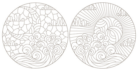A set of contour illustrations in the style of stained glass with seascapes, dark contours on a white background