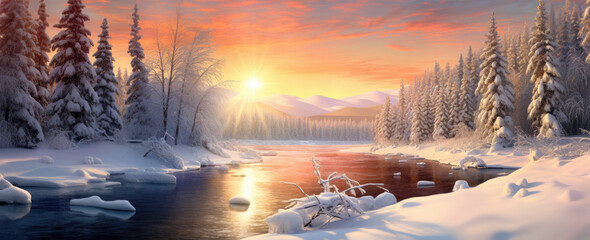 Beautiful snowy landscape at sunset - AI Generated