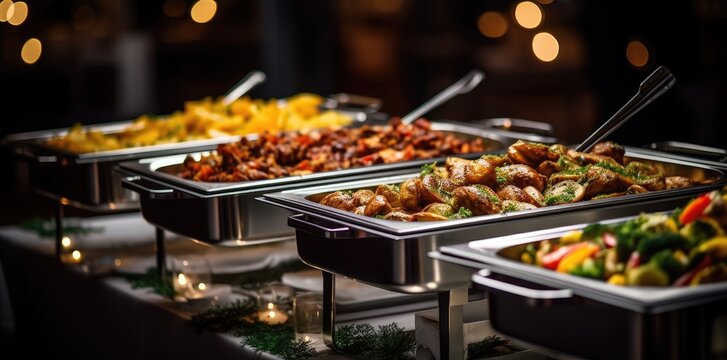 Catering buffet food indoor in restaurant with meat colorful fruits and vegetables.