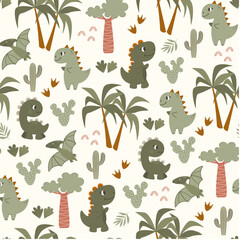 Cute dinosaurs, trees, palm trees and cacti on a light background. Childish seamless pattern. Dino baby cute background. Dinosaur vector illustration.