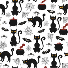 Halloween seamless pattern. Vector illustration of Halloween party. Black cat, bat, spider web and Potion cauldron on a white background. Vector cartoon seamless pattern.
