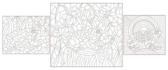 A set of contour illustrations in the style of stained glass with toads , dark contours on a white background