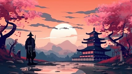 Abstract background Japanese samurai. Illustration that evokes the spirit of Japanese history, with a heroic samurai set against the backdrop of a golden sunset. Generative AI. - obrazy, fototapety, plakaty