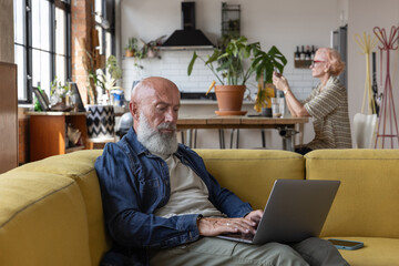 Senior couple at home using technology for leisure