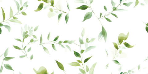 Floral pattern with green branches and leaves, watercolor seamless print on white background