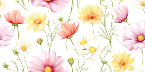 Floral pattern with buds flowers cosmos, coreopsis and marguerite. Watercolor delicate seamless print on white background