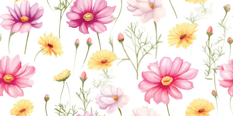Floral pattern with buds flowers cosmos, coreopsis and marguerite. Watercolor delicate seamless print on white background
