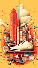 commercial illustration  with shoe elements, Pencil element illustration,  poster, ai generative