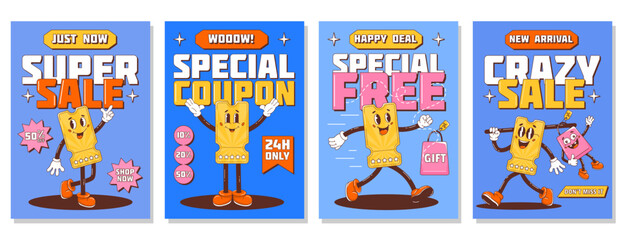 Set of posters, retro groovy sale with discount coupon character. Super discount, happy deal, new arrival, special free gift.Vector background, cards, banner. A4 format