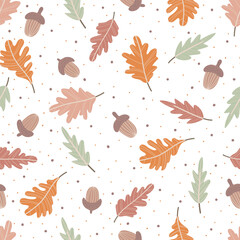 Obraz premium Seamless pattern with oak leaves and acorns. Autumn design. Modern floral print for fabric, textiles, wrapping paper. Vector illustration