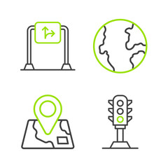 Set line Traffic light, Folded map with location marker, Earth globe and Road traffic sign icon. Vector