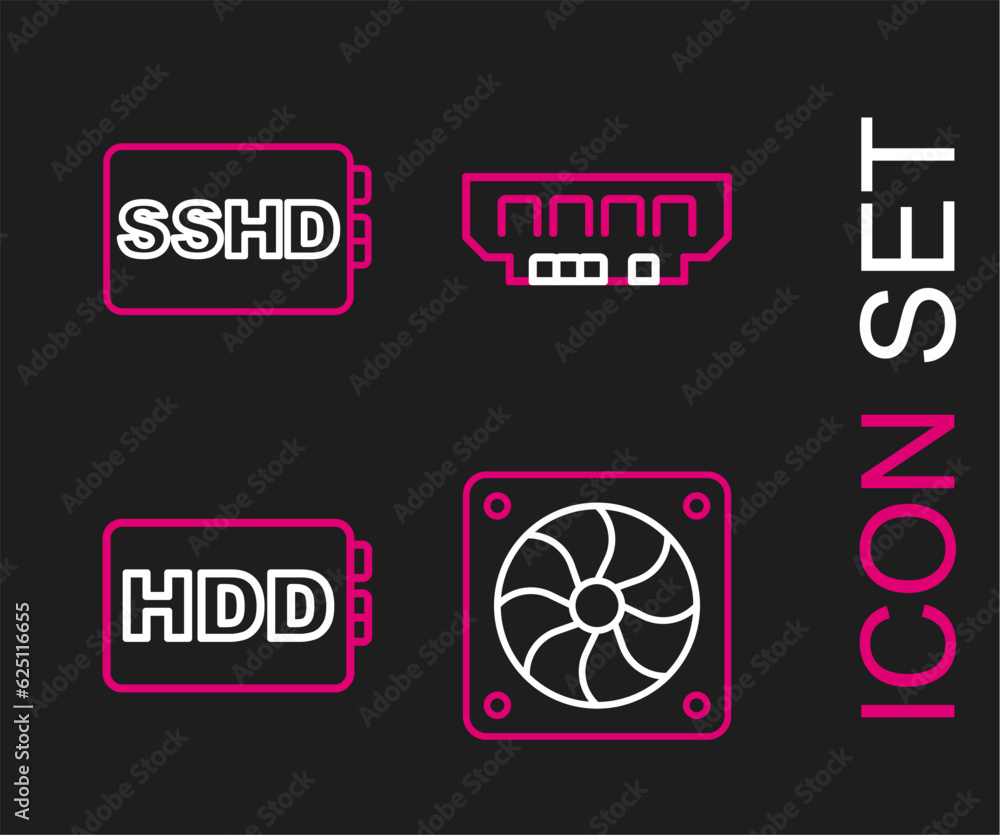 Poster set line computer cooler, hard disk drive hdd, ram, random access memory and sshd card icon. vector