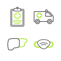Set line Medical protective mask, Human organ liver, Ambulance car and Patient record icon. Vector