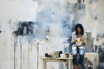 Coffee Break for an Attractive Artist at Work on an Abstract Painted Room Wall