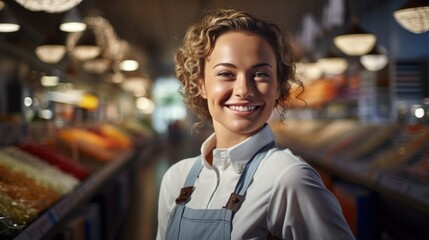 Smiling store employee. Retail store, grocery store, bakery, pharmacy with apron working in market.