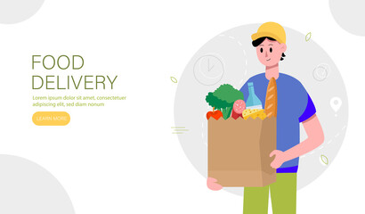 Food delivery landing page template. Fast and free delivery by courier to your home or work. illustration.
