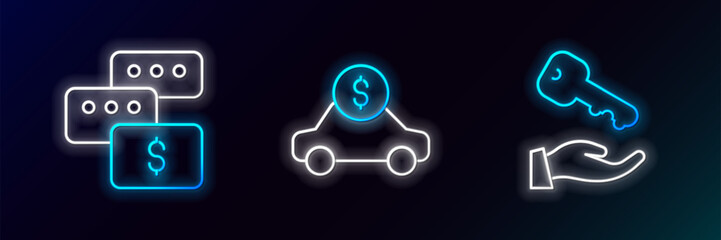 Set line House key, Price negotiation and Car rental icon. Glowing neon. Vector