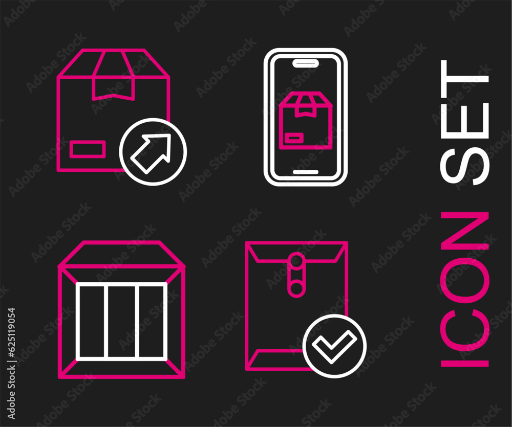 Poster set line envelope and check mark, carton cardboard box, mobile app delivery tracking and icon. vecto