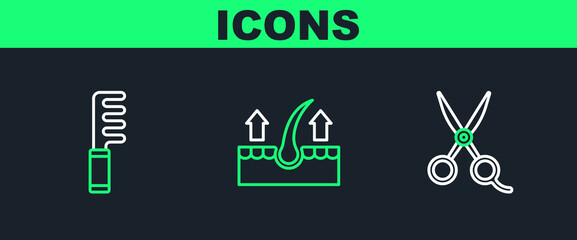 Set line Scissors hairdresser, Hairbrush and Human follicle icon. Vector