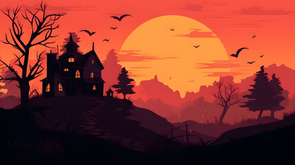 Mystical Haunted Mansion in a Creepy Night Sky Halloween Background generative ai