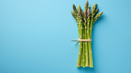 Green asparagus wrapped in string, on light blue background, top view, Blurry background, template, Bokeh, Copy Space, Generative AI