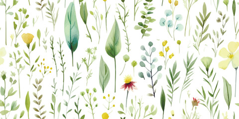 Floral seamless pattern with greenery wildflowers, random abstract plants, flowers and leaves on white background. Watercolor illustration