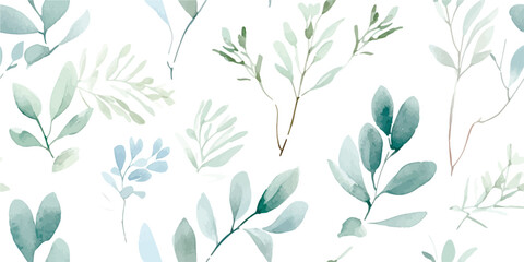 Watercolor seamless pattern with winter branches, leaves eucalyptus and Christmas twigs. Tender floral green illustration on white background in vintage style