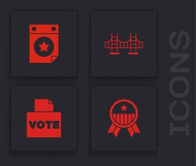 Set Medal with star, Calendar date July 4, Golden gate bridge and Vote box icon. Vector