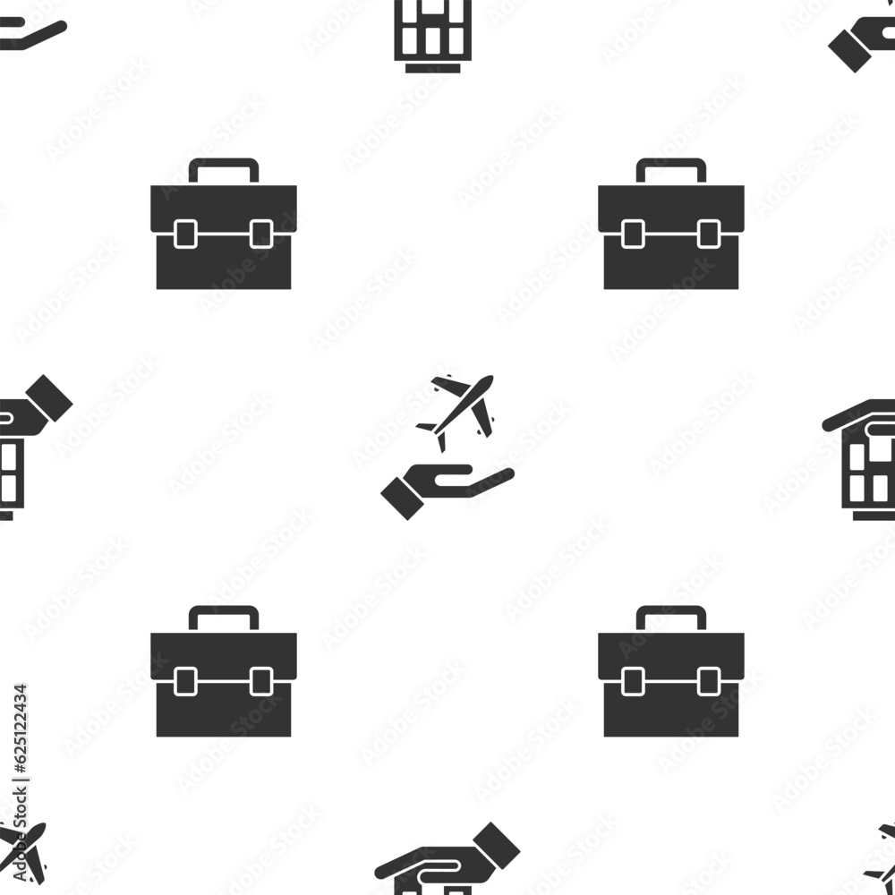 Poster set house in hand, plane and briefcase on seamless pattern. vector