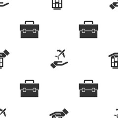 Set House in hand, Plane and Briefcase on seamless pattern. Vector