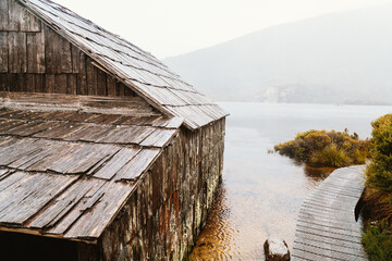 Dove Lake Boatshed in Cradle Mountain on misty day. 
