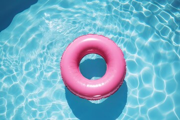 Inflatable buoy ring, kids pink lifebuoy on swimming pool, view from above - obrazy, fototapety, plakaty
