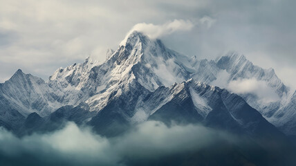 panorama landscape of mountains snowy peaks of rocks in fog and clouds. Generative AI