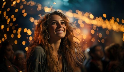  A young woman enjoying herself at a summer music festival. Experiencing sheer joy and excitement with vibant lights.