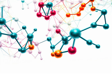 An image of a network of molecules on a white backdrop, with labels indicating chemical formulas and bond types Generative AI