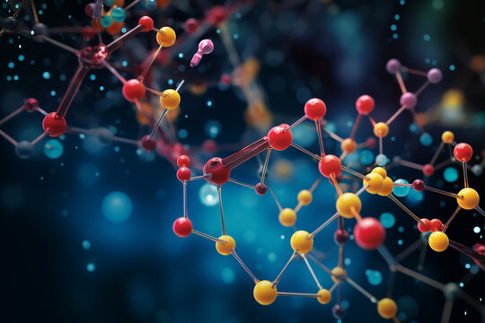 A photo of a network of molecules, with some molecules highlighted, representing key elements in a chemical system Generative AI